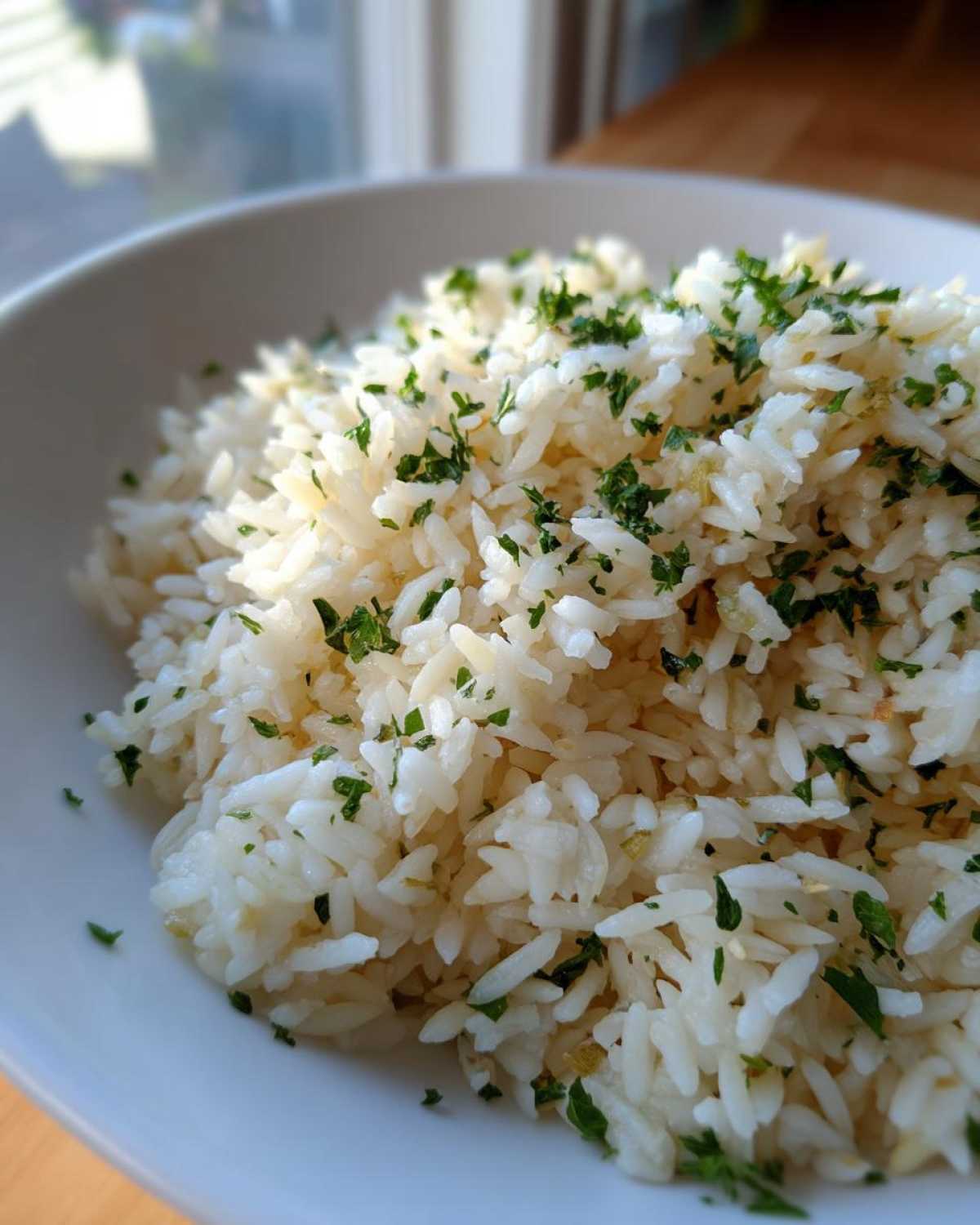 Close-up of fluffy white rice pilaf garnished generously with chopped green parsley in a white bowl.
