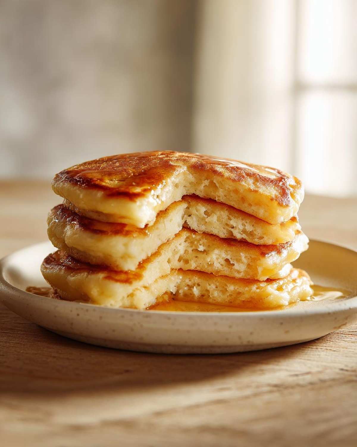 A tall stack of fluffy sourdough discard pancakes drizzled generously with golden syrup, showing a bite taken out.