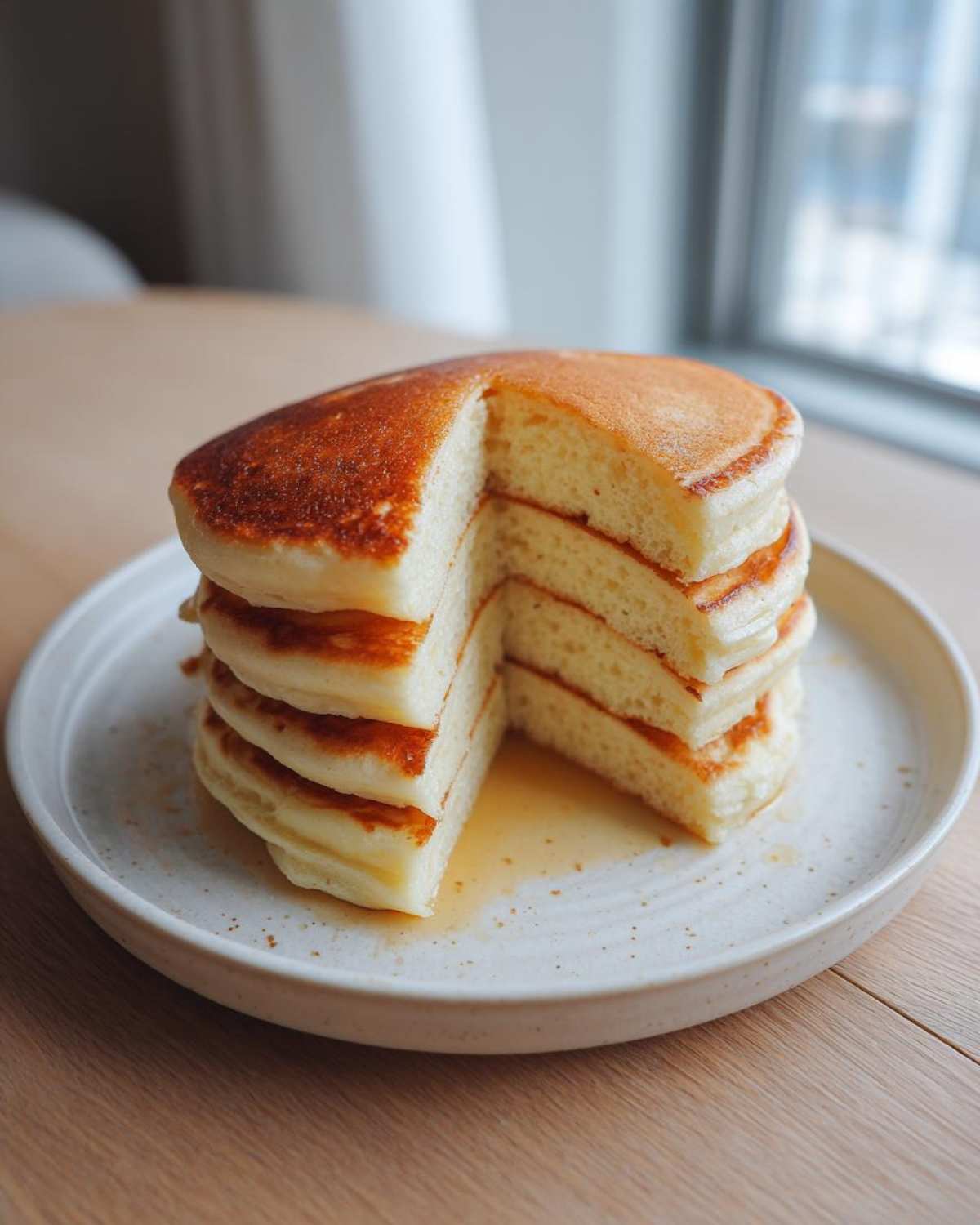 A tall stack of fluffy sourdough discard pancakes with a slice cut out, drizzled with syrup.