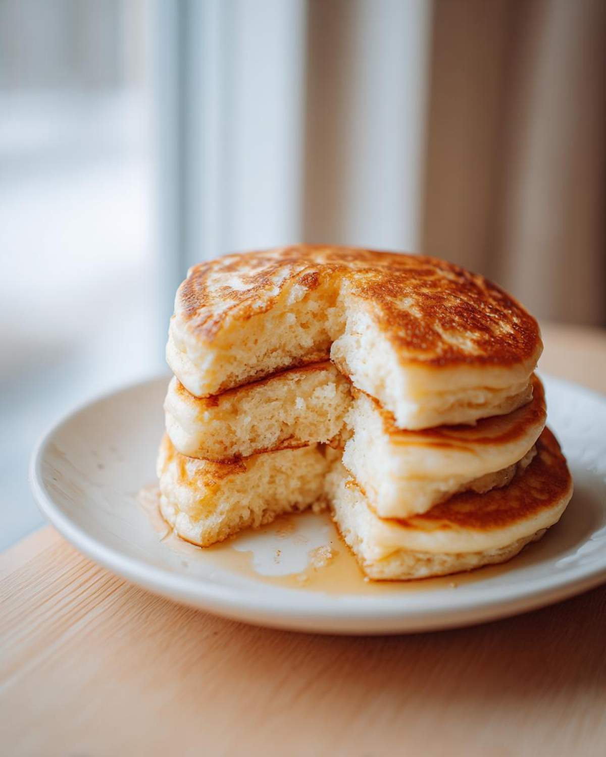 A stack of thick, fluffy sourdough discard pancakes with a bite taken out, drizzled with syrup on a white plate.
