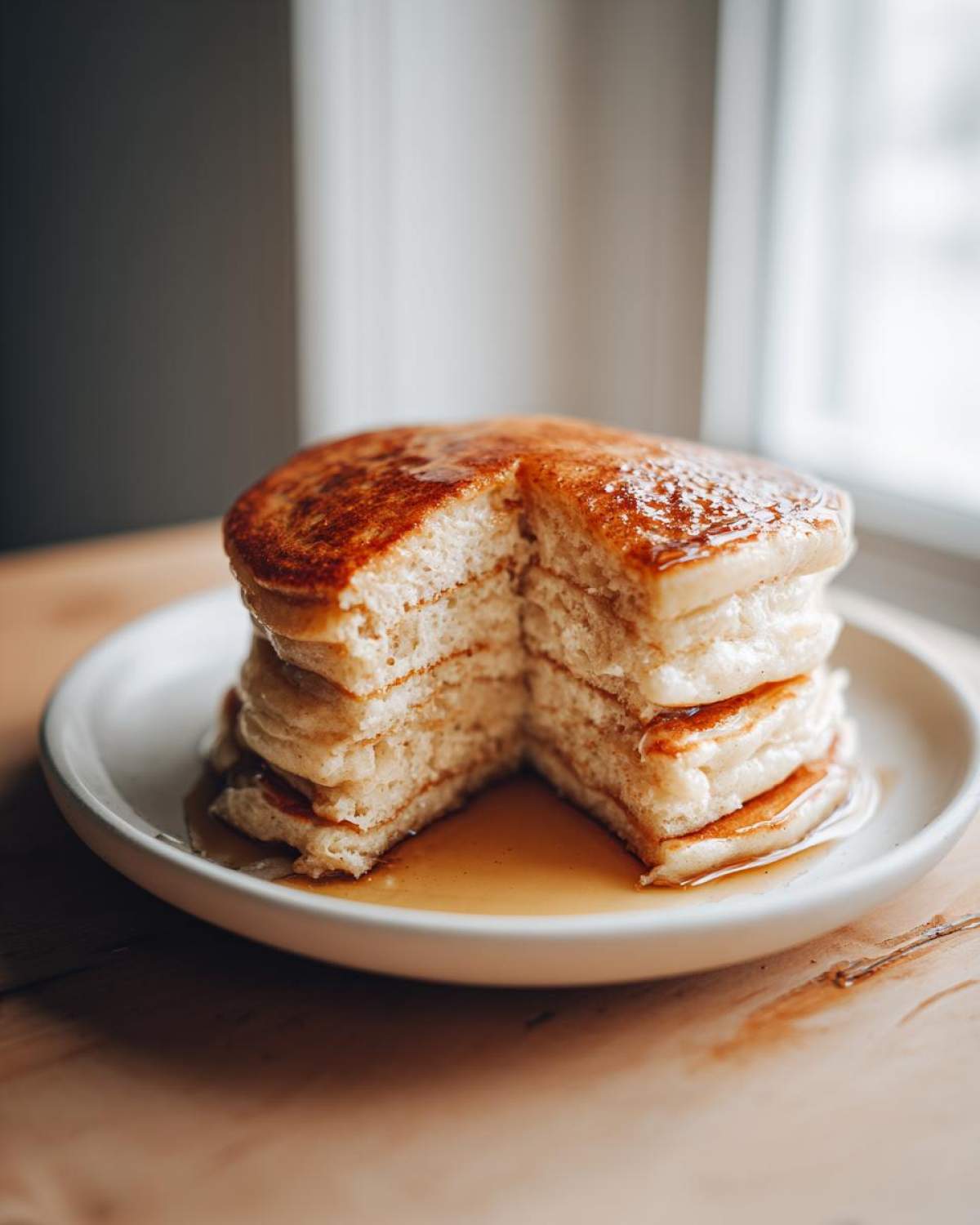 A tall stack of fluffy sourdough discard pancakes with a slice removed, drizzled generously with maple syrup.