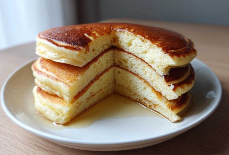 A stack of three thick, fluffy sourdough discard pancakes, cut to show the airy interior, drizzled with syrup.