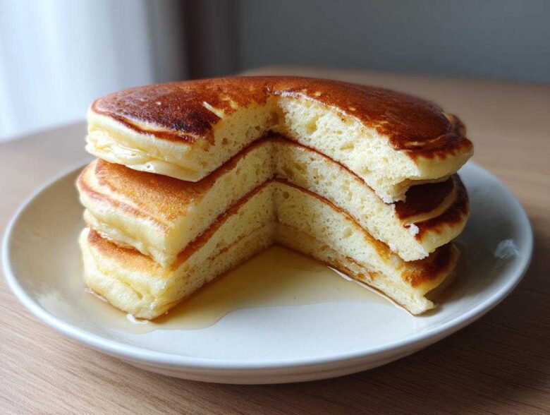 A stack of three thick, fluffy sourdough discard pancakes, cut to show the airy interior, drizzled with syrup.