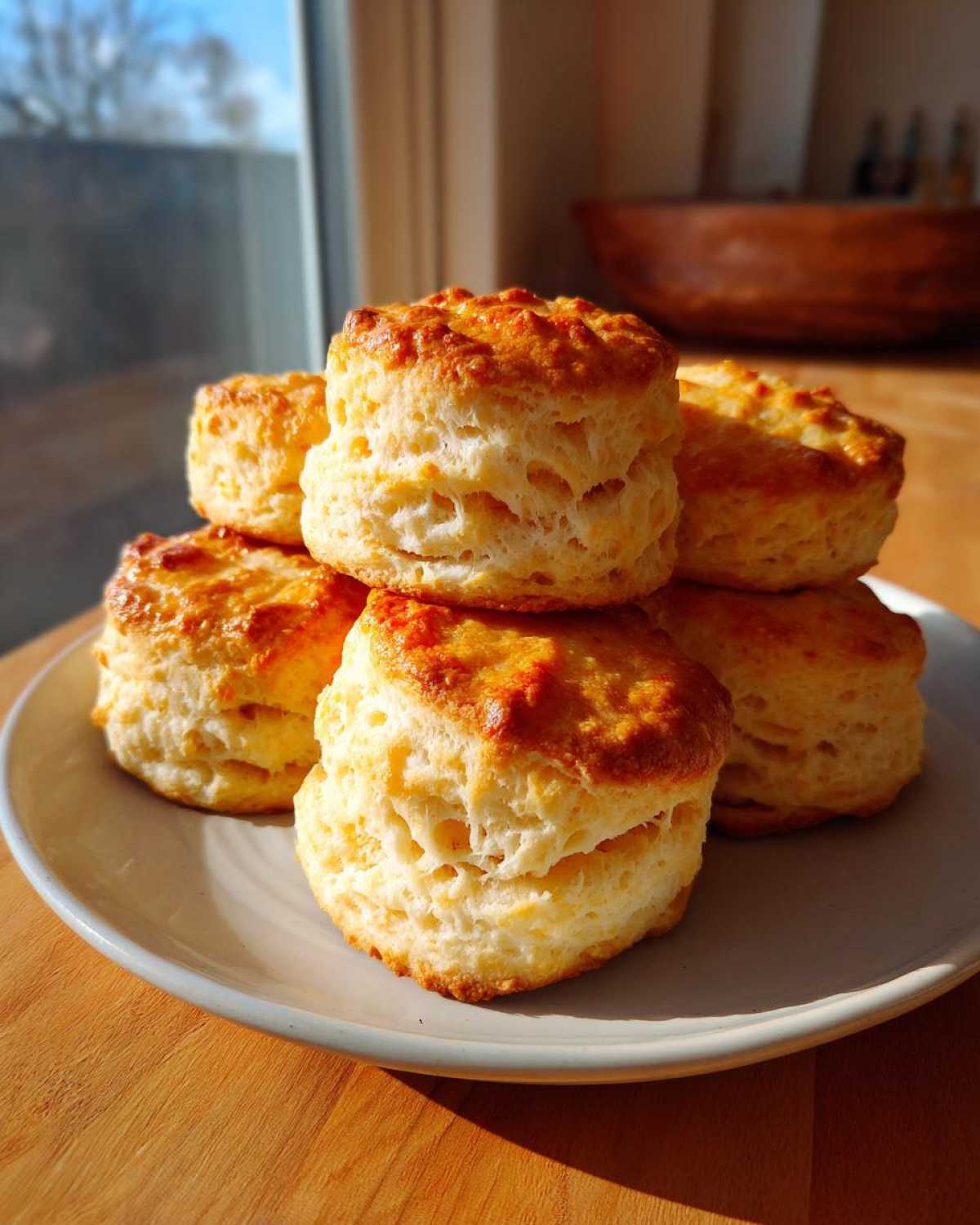 A stack of five golden-brown, fluffy tea biscuits piled on a light-colored plate, catching the sunlight.