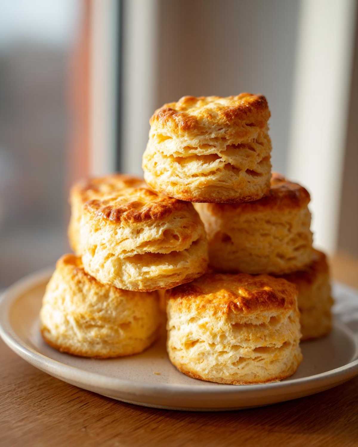 A stack of golden brown, layered fluffy tea biscuits sitting on a light ceramic plate.