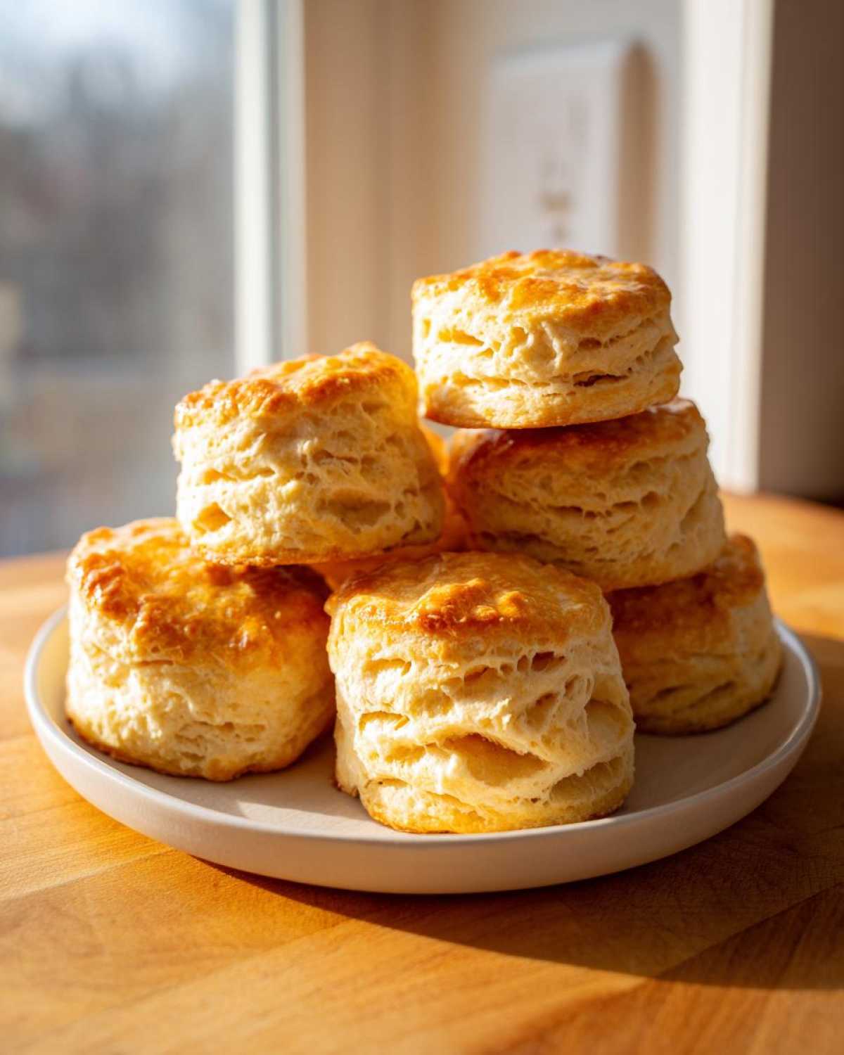 A stack of six golden-brown, flaky fluffy tea biscuits piled high on a white plate, backlit by a window.