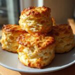 A stack of four golden-brown, tall, and fluffy tea biscuits sitting on a light gray plate.