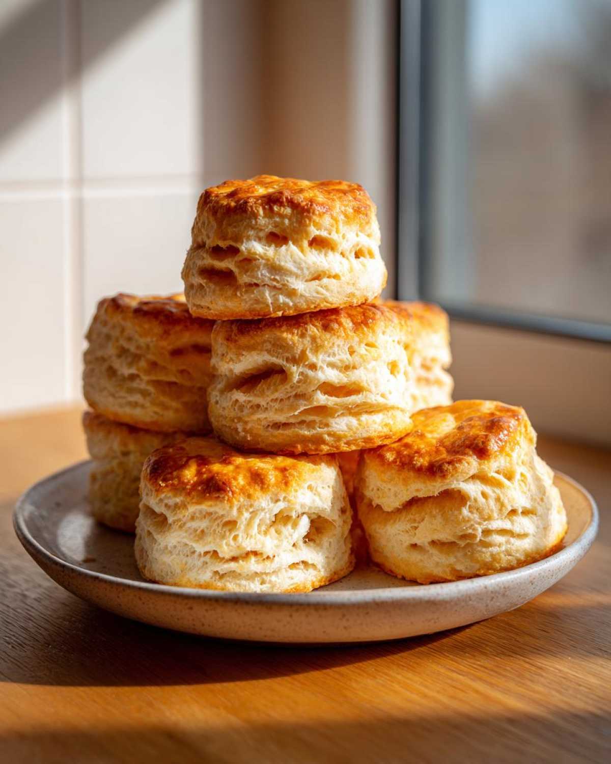 A stack of golden-brown, layered fluffy tea biscuits sitting on a speckled plate near a window.