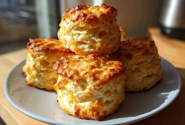 A stack of four golden-brown, tall, and fluffy tea biscuits sitting on a light gray plate.