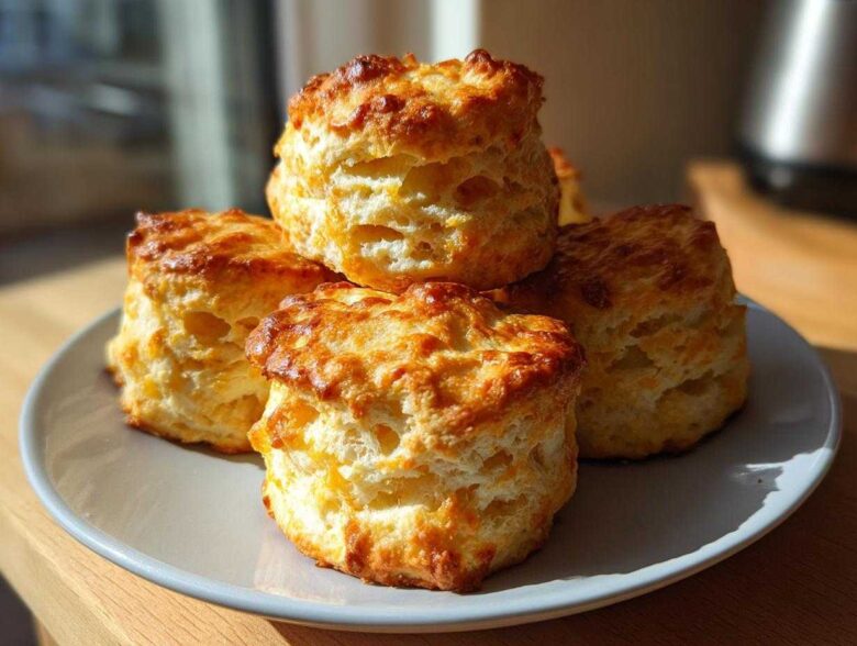 A stack of four golden-brown, tall, and fluffy tea biscuits sitting on a light gray plate.