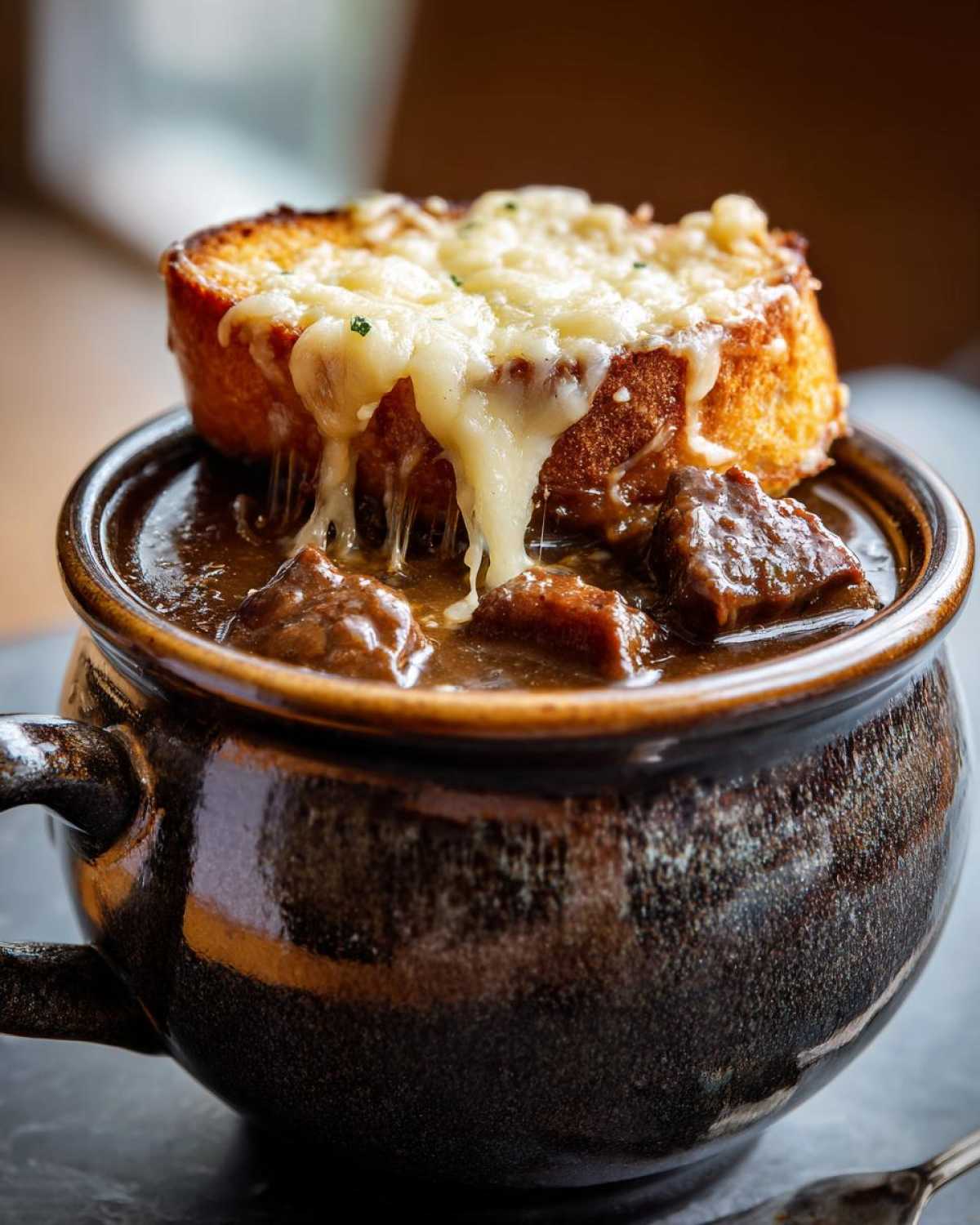 Close-up of rich french onion beef stew topped with a crouton covered in melted, gooey cheese.