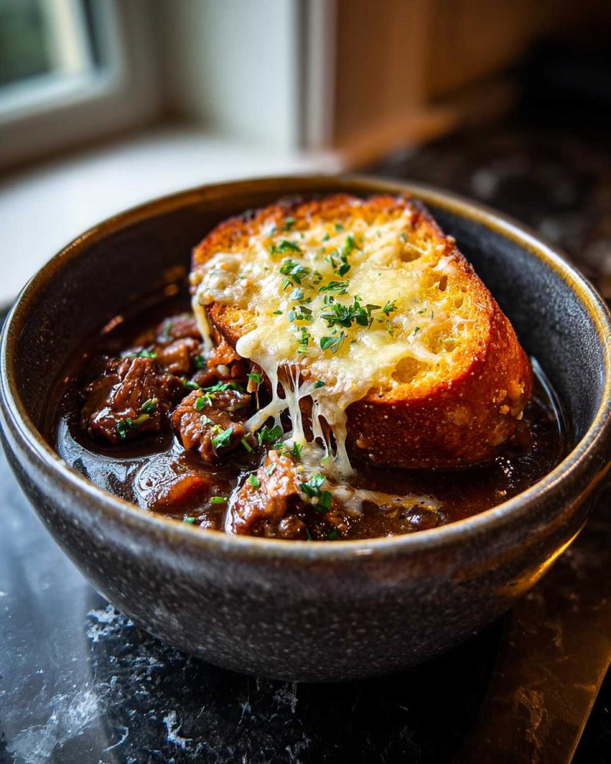 Close-up of a bowl of rich french onion beef stew topped with a slice of toasted bread covered in melted, gooey cheese and parsley.