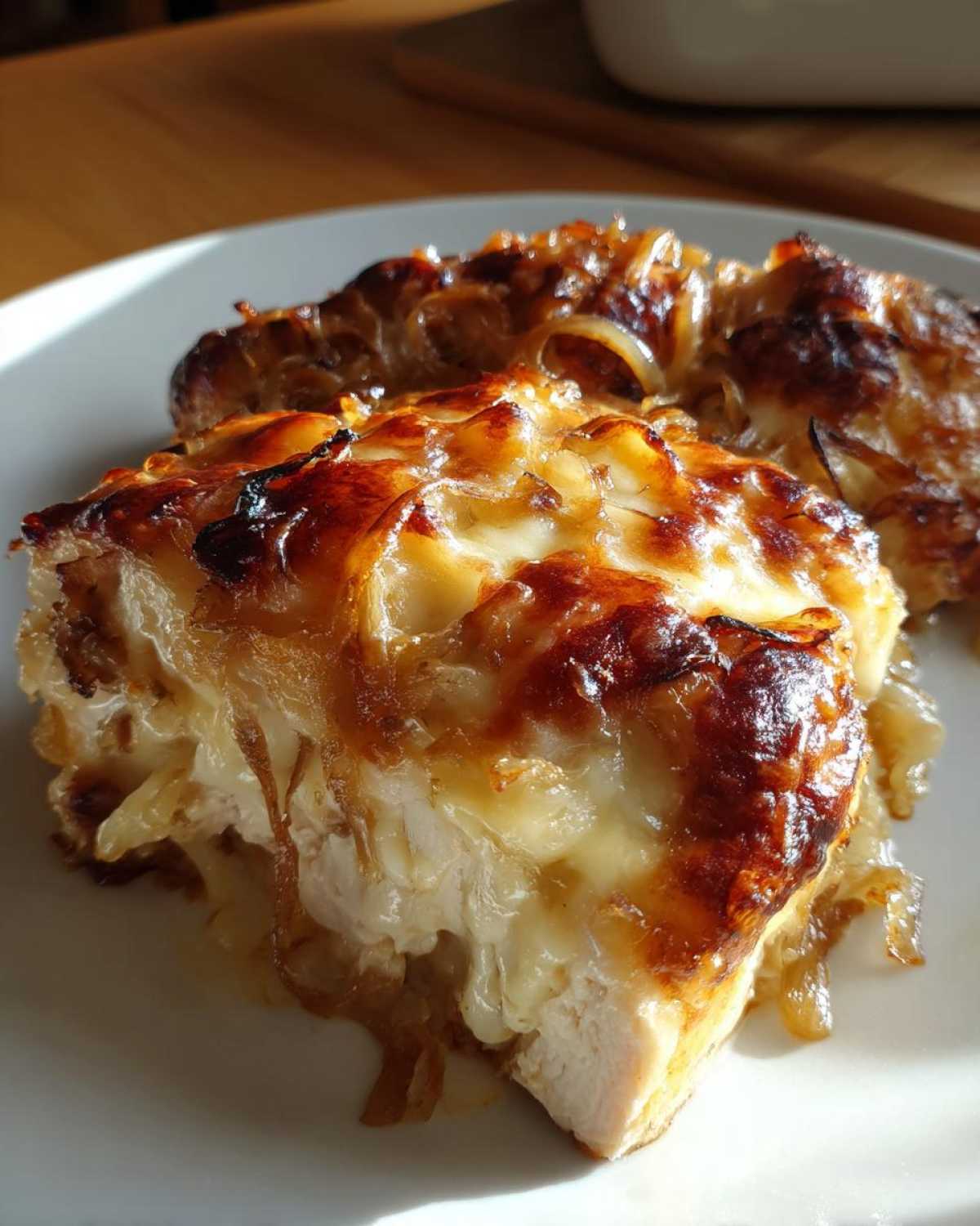 Close-up of a baked french onion chicken breast topped with melted, browned cheese and caramelized onions.