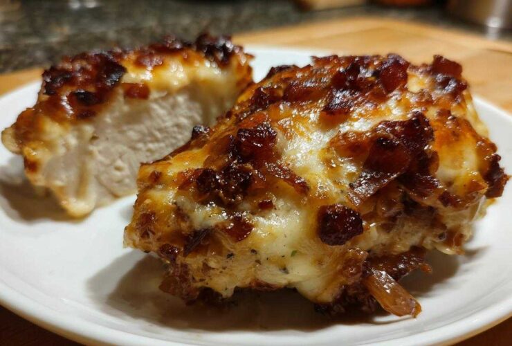 Two pieces of juicy french onion chicken, topped with melted cheese and caramelized onions, served on a white plate.