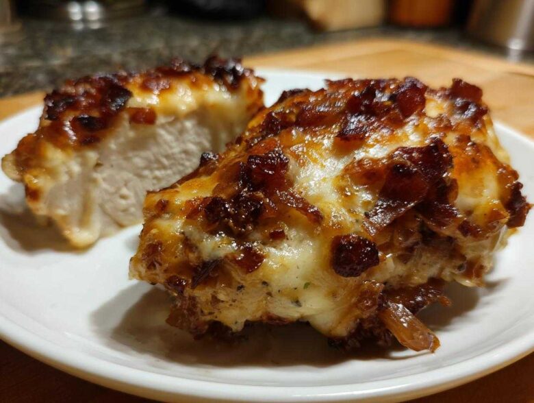 Two pieces of juicy french onion chicken, topped with melted cheese and caramelized onions, served on a white plate.