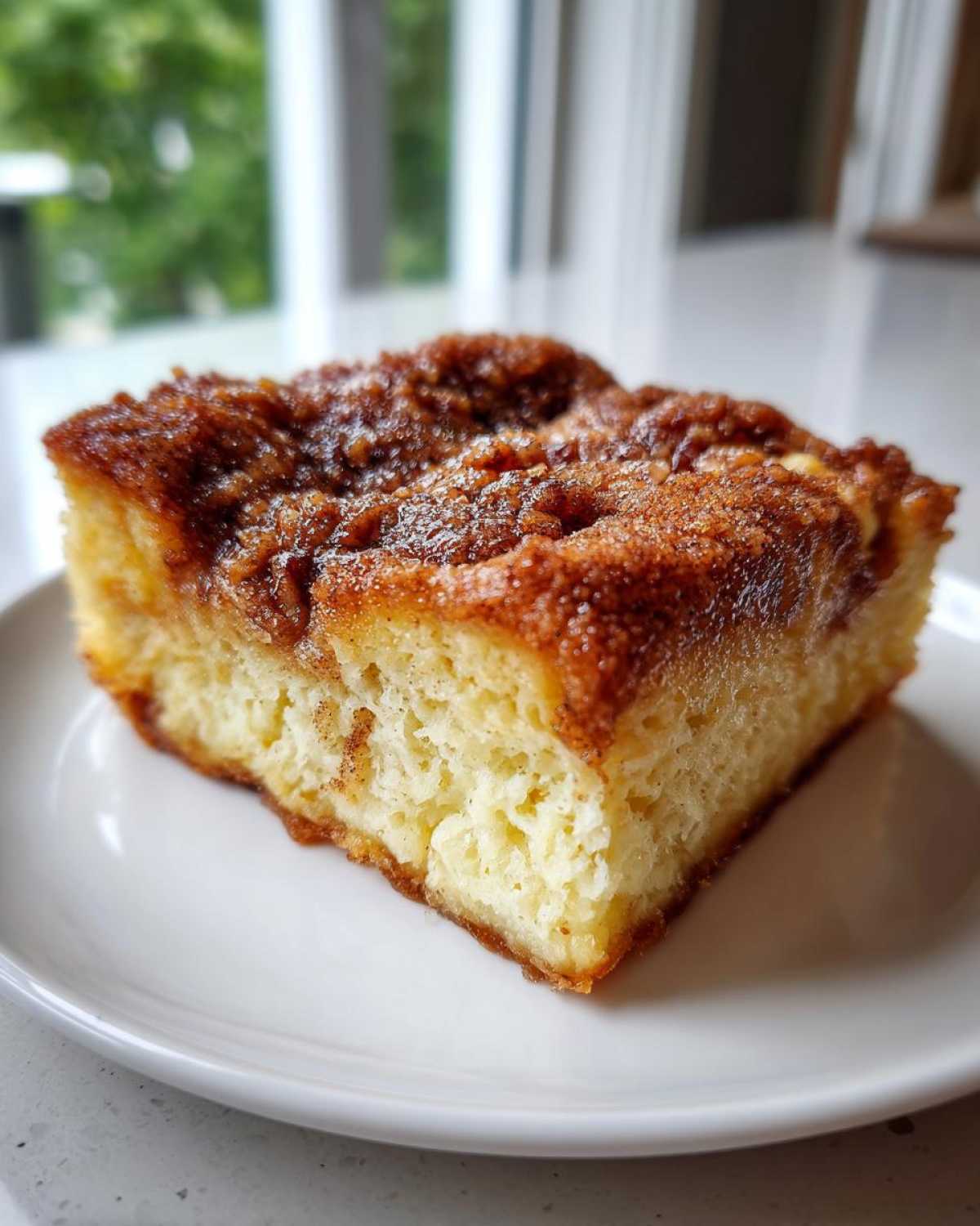 A close-up of a square slice of fluffy French toast casserole with a rich, dark cinnamon-sugar topping.