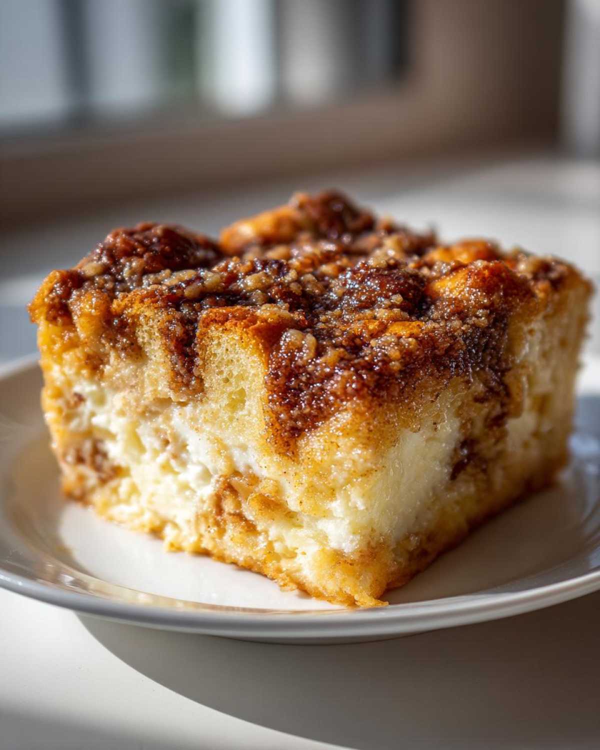 Close-up of a rich slice of French toast casserole with a creamy white center and a crunchy cinnamon-sugar topping.