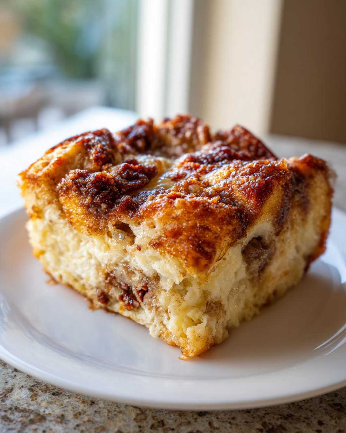 A close-up of a moist, square slice of cinnamon French toast casserole with a caramelized brown sugar topping on a white plate.