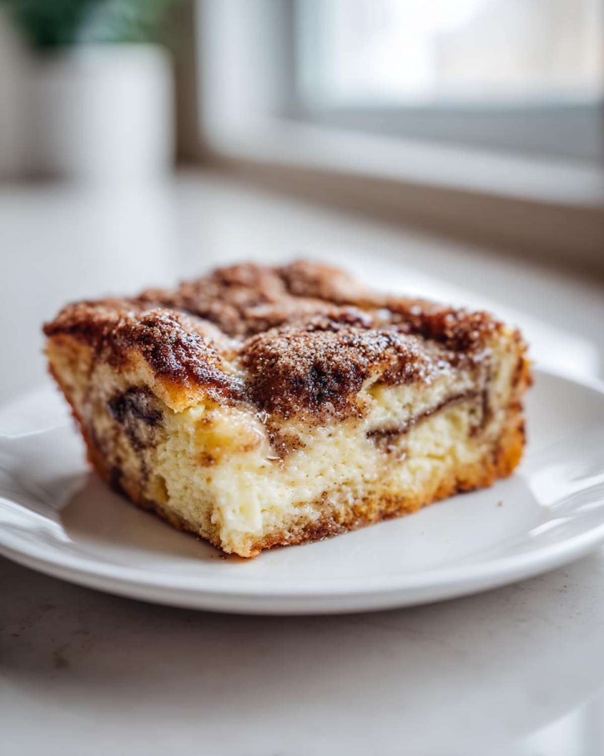 A close-up of a square slice of creamy French toast casserole with a rich cinnamon-sugar topping.