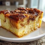 A close-up of a thick, custardy slice of French toast casserole topped with cinnamon and pecans.