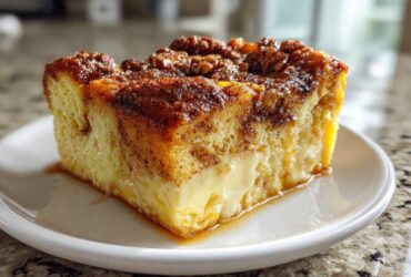 A close-up of a thick, custardy slice of French toast casserole topped with cinnamon and pecans.