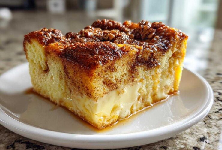 A close-up of a thick, custardy slice of French toast casserole topped with cinnamon and pecans.