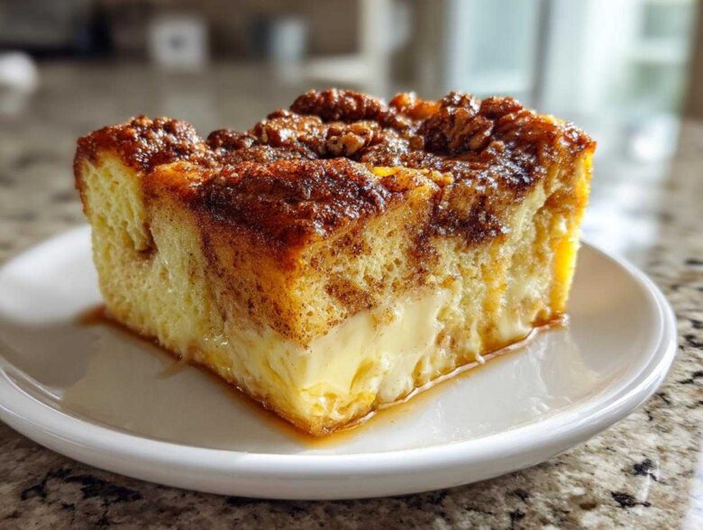 A close-up of a thick, custardy slice of French toast casserole topped with cinnamon and pecans.