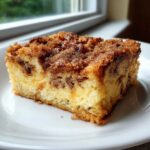 A close-up of a square slice of French toast casserole with a thick, sugary cinnamon streusel topping.