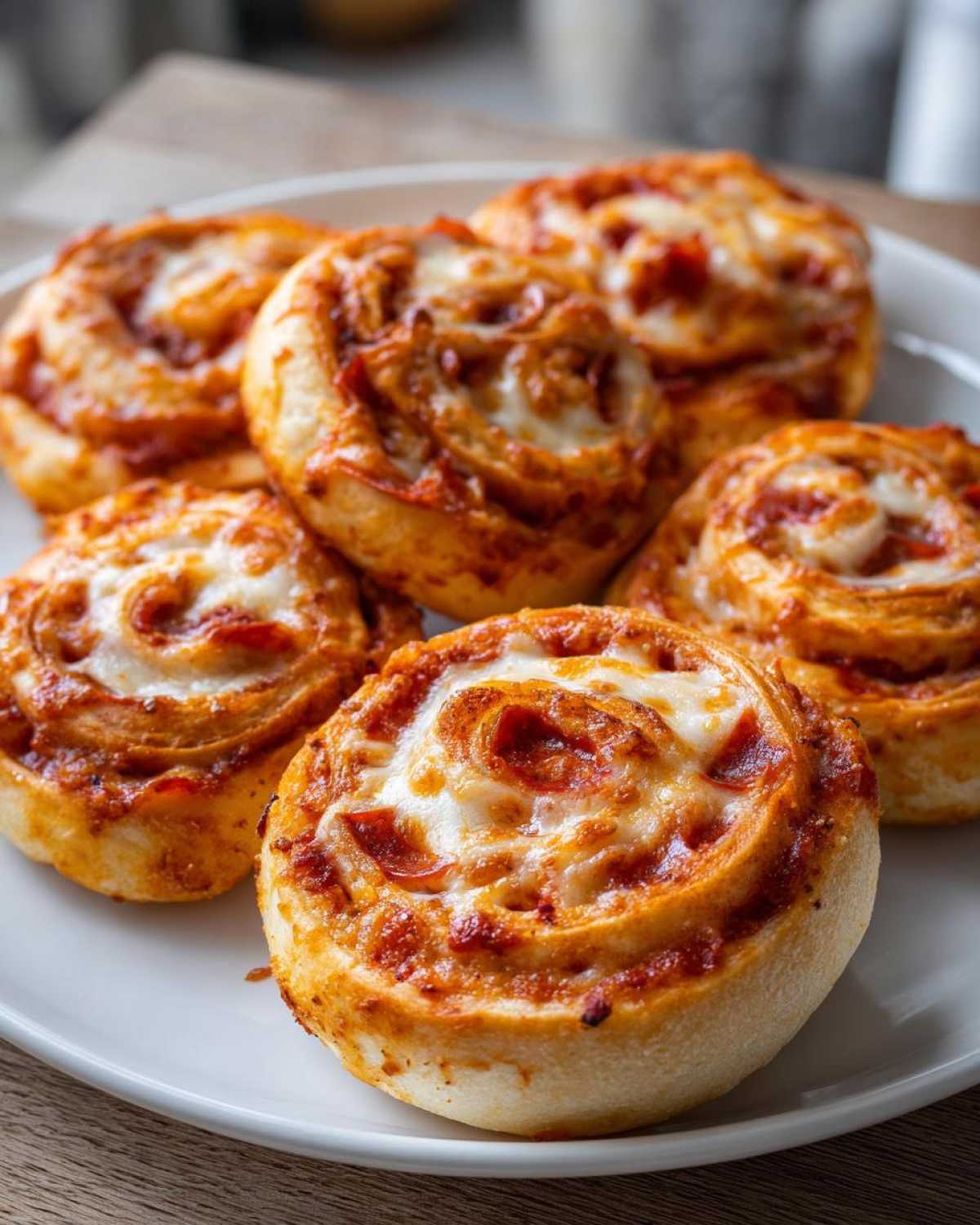 Close-up of several golden-brown pizza pinwheels topped with melted cheese and tomato sauce on a white plate.