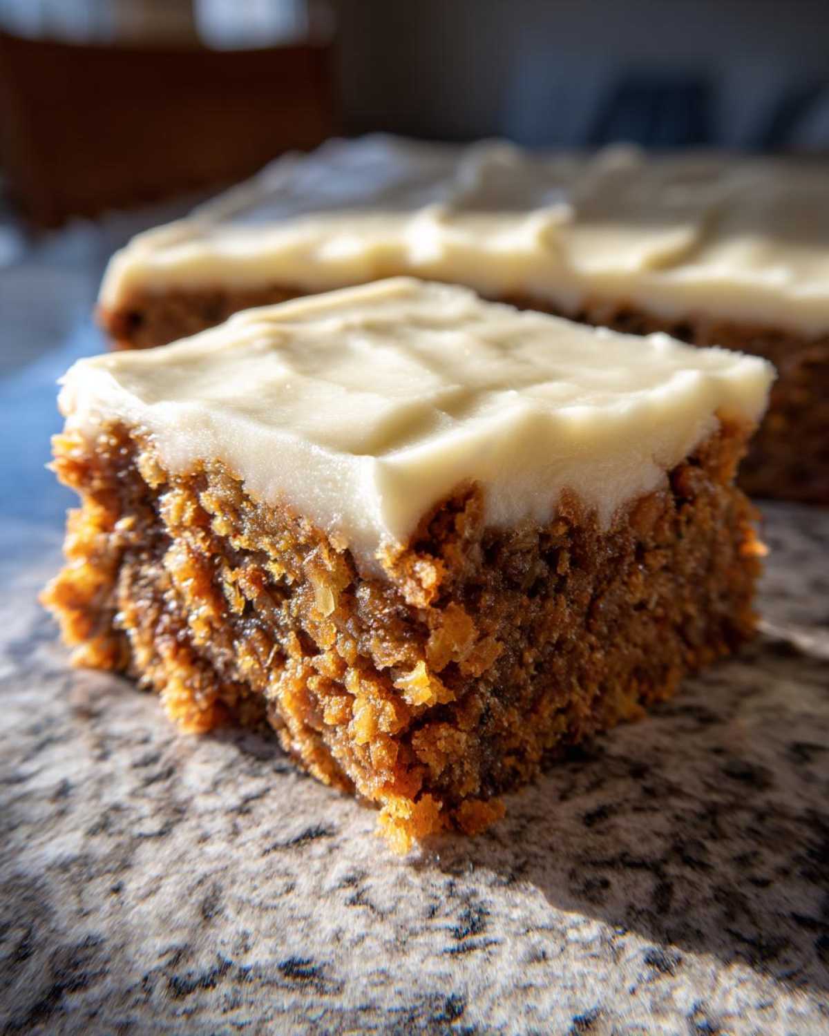 A close-up, sunlit shot of a single square of Frosted Zucchini Spice Bars showing the moist, spiced cake texture and thick cream cheese frosting.