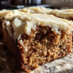 Close-up view showing the moist, spiced interior and thick cream cheese frosting of Frosted Zucchini Spice Bars.