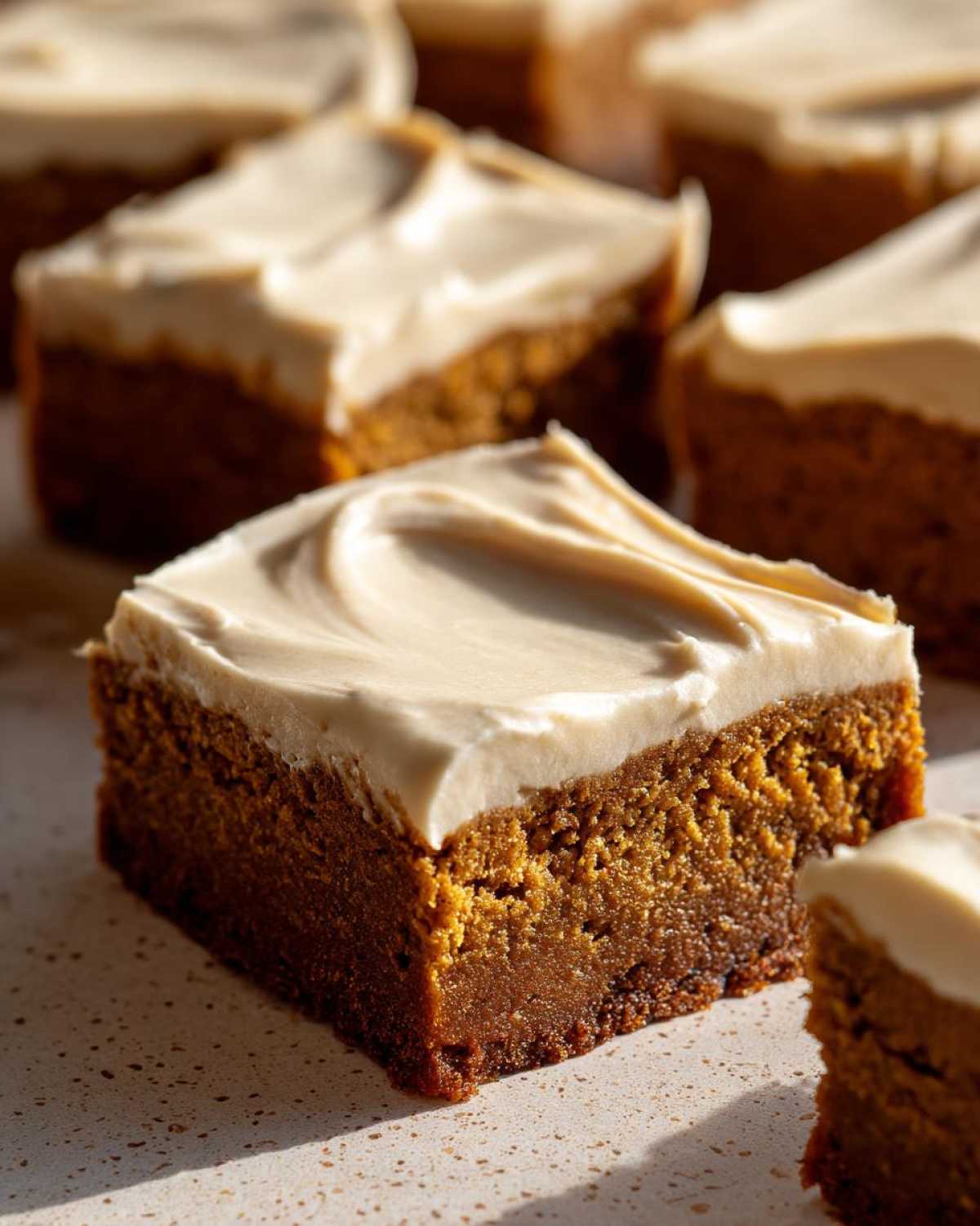 A close-up of a rich, dark brown Frosted Zucchini Spice Bars slice topped with thick, creamy frosting.