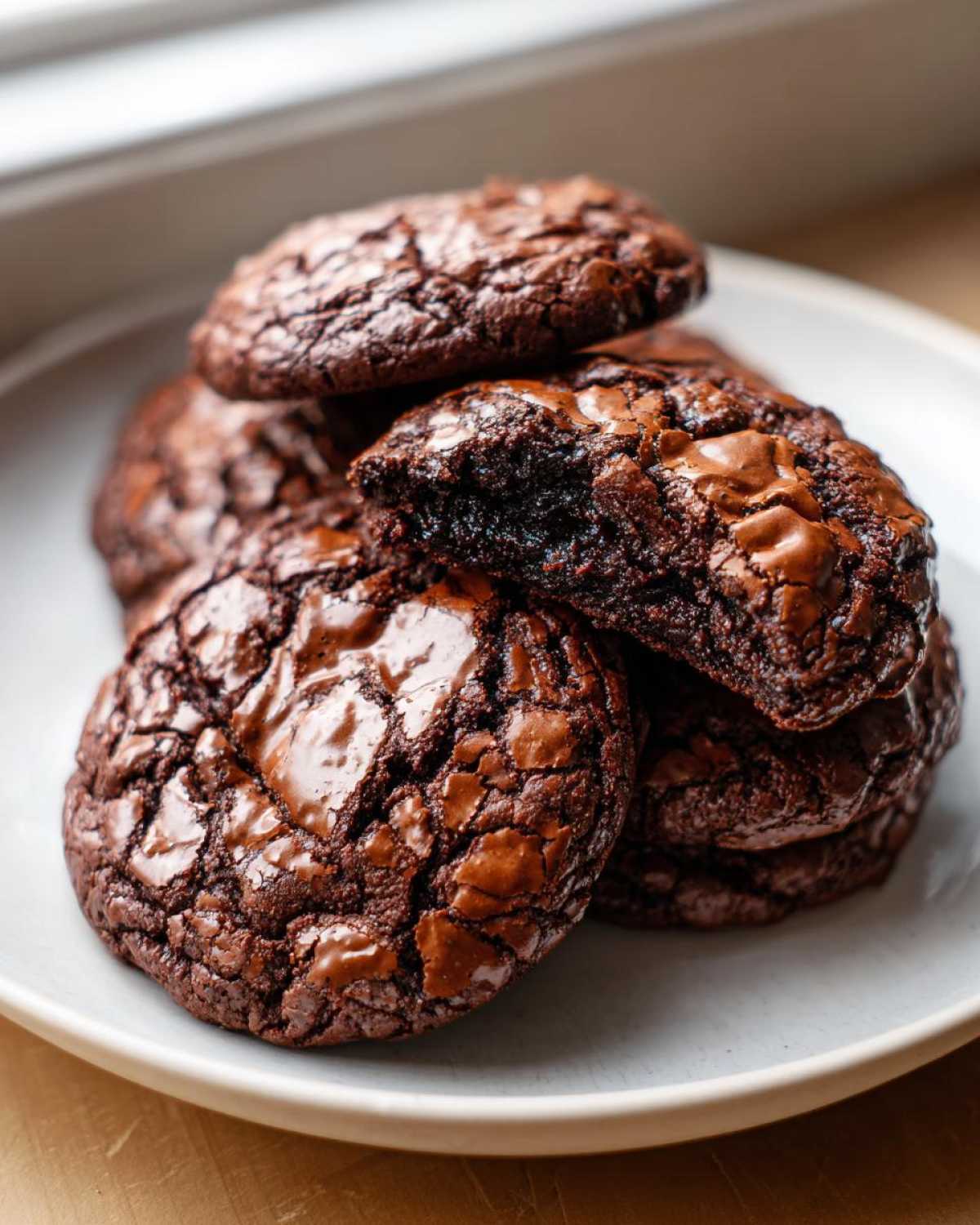 A stack of intensely fudgy brownie cookies featuring classic crackly, shiny tops.