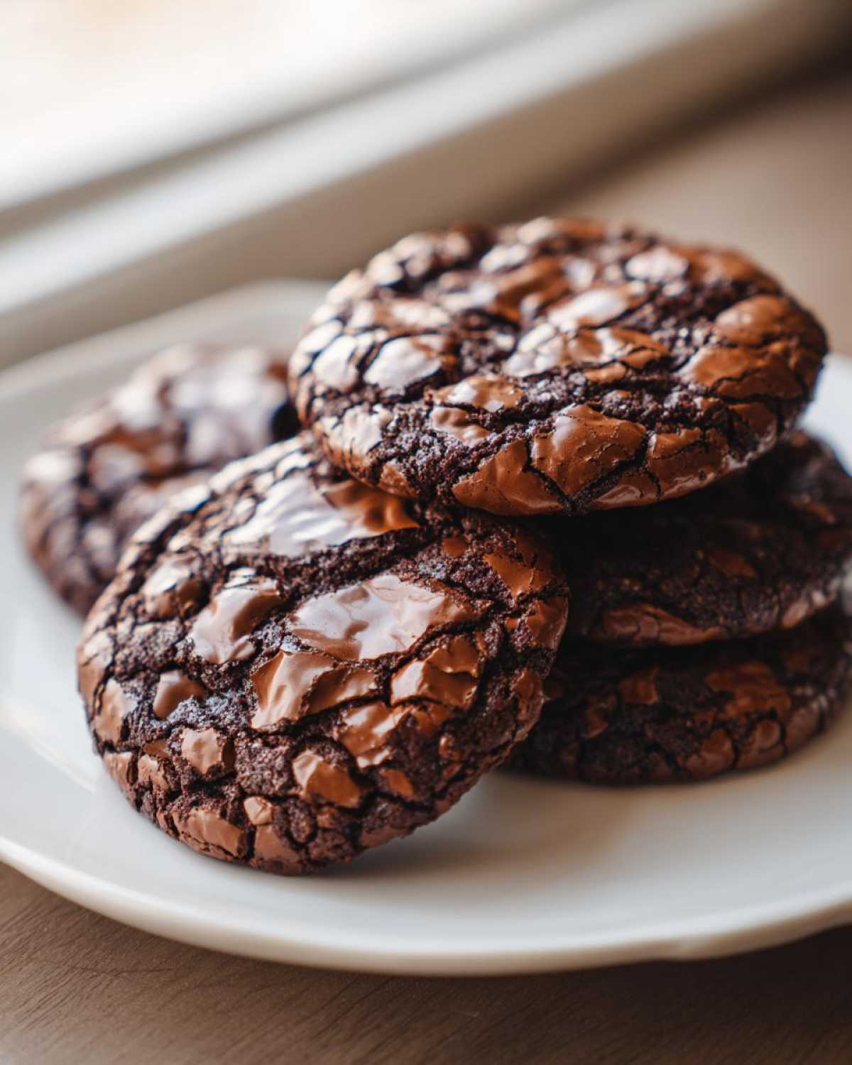 A close-up stack of rich, dark chocolate brownie cookies featuring shiny, cracked tops on a white plate.