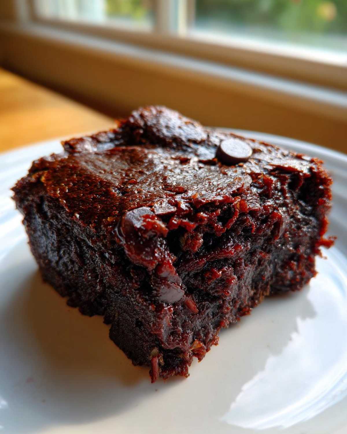 Close-up of a rich, fudgy slice of Gluten Free Zucchini Brownies topped with chocolate chips.