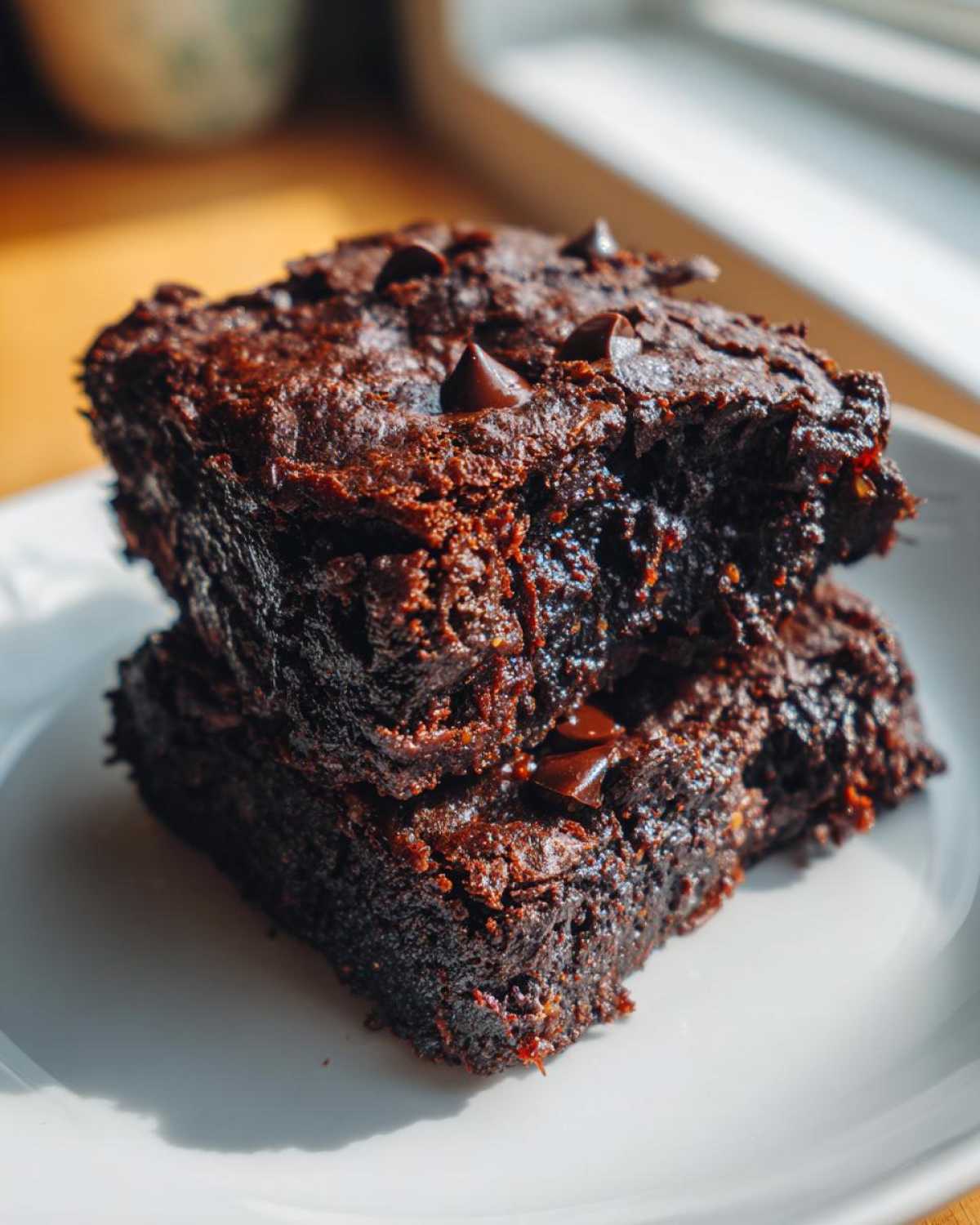 Close-up of two stacked, fudgy Gluten Free Zucchini Brownies topped with chocolate chips on a white plate.