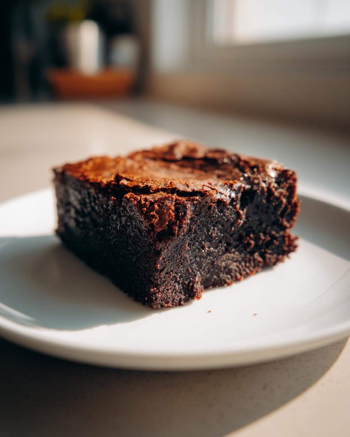 Close-up of a single, rich, fudgy greek yogurt brownie square sitting on a white plate, backlit by sunlight.