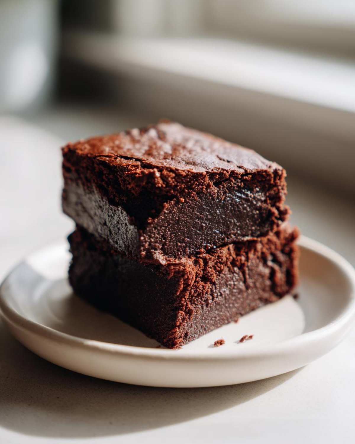 Two stacked, fudgy squares of dark chocolate greek yogurt brownies on a small white plate.