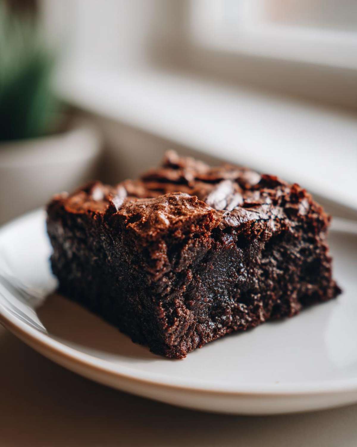 A close-up of a rich, fudgy square of homemade 4 ingredient cottage cheese brownies on a white plate.