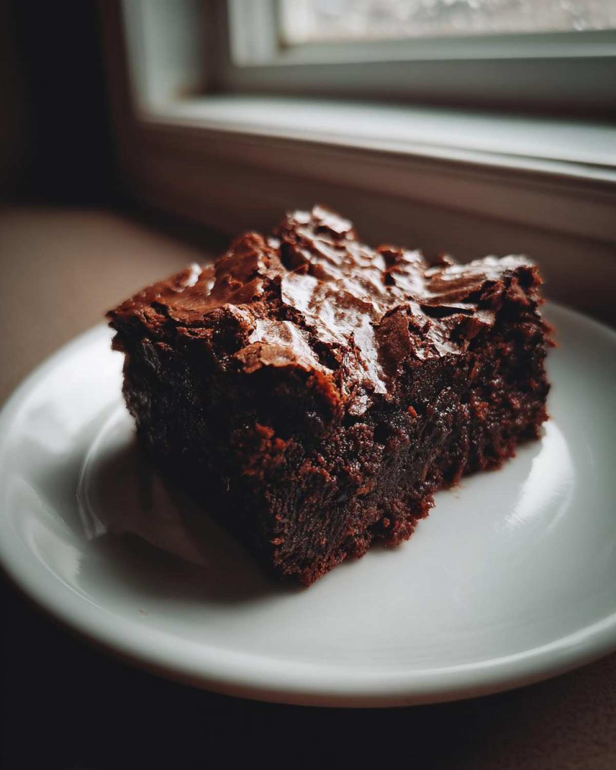 A close-up of a fudgy, dark chocolate Vegan Avocado Zucchini Brownies slice on a white plate.