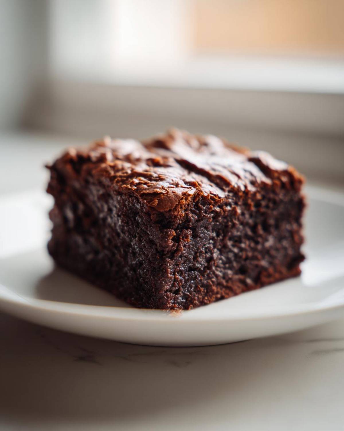 A close-up of a single, rich, fudgy square of Vegan Avocado Zucchini Brownies on a white plate.