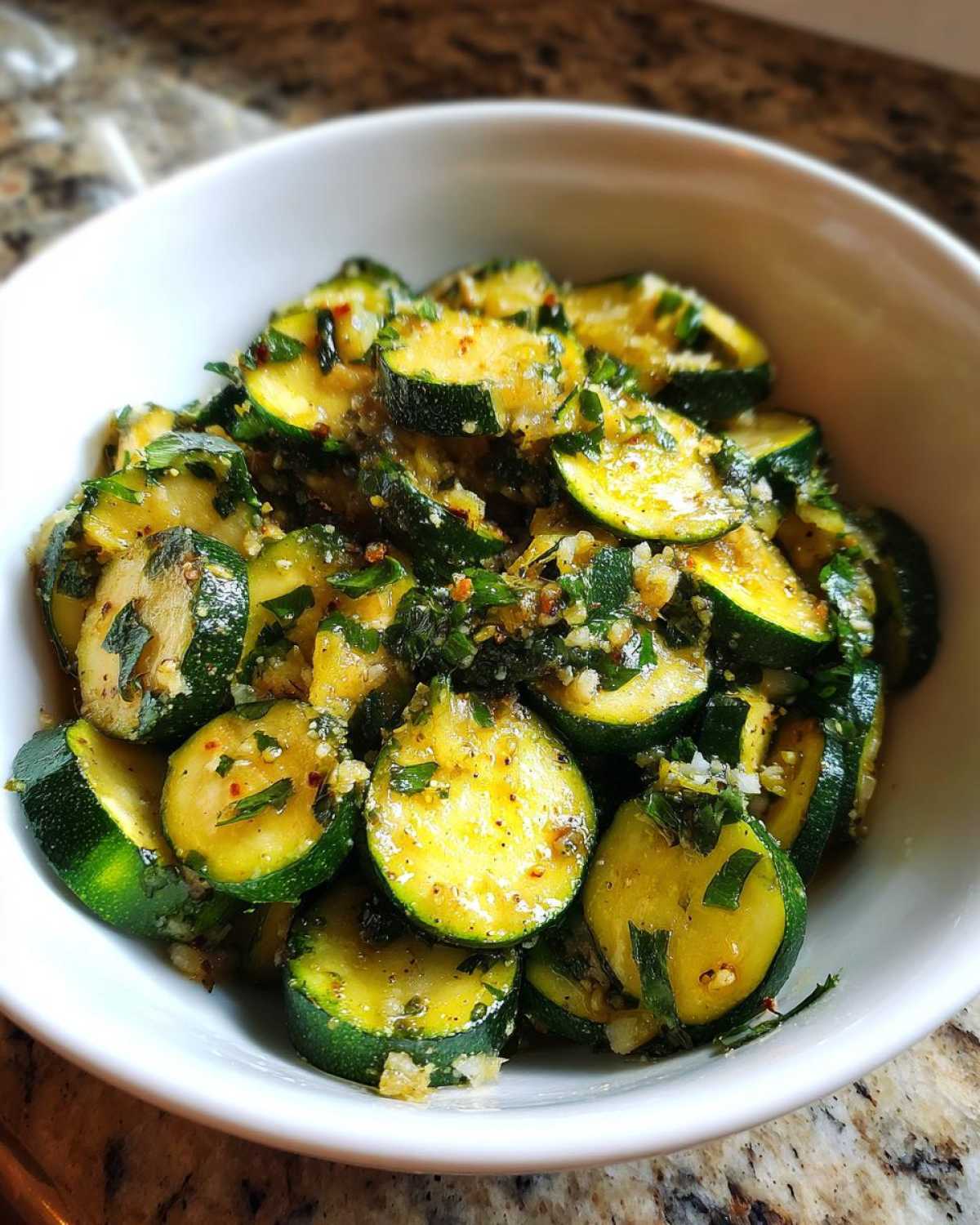 Close-up of perfectly cooked Garlic Parmesan Sautéed Zucchini slices coated in garlic, herbs, and cheese in a white bowl.