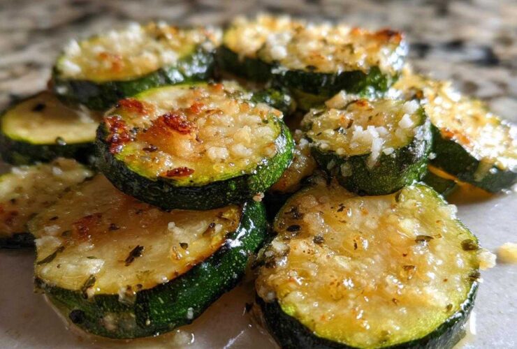 Close-up of golden brown, sautéed zucchini slices topped with minced garlic and Parmesan cheese, ready to eat.