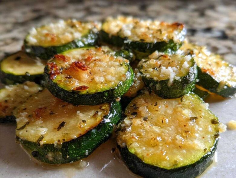 Close-up of golden brown, sautéed zucchini slices topped with minced garlic and Parmesan cheese, ready to eat.