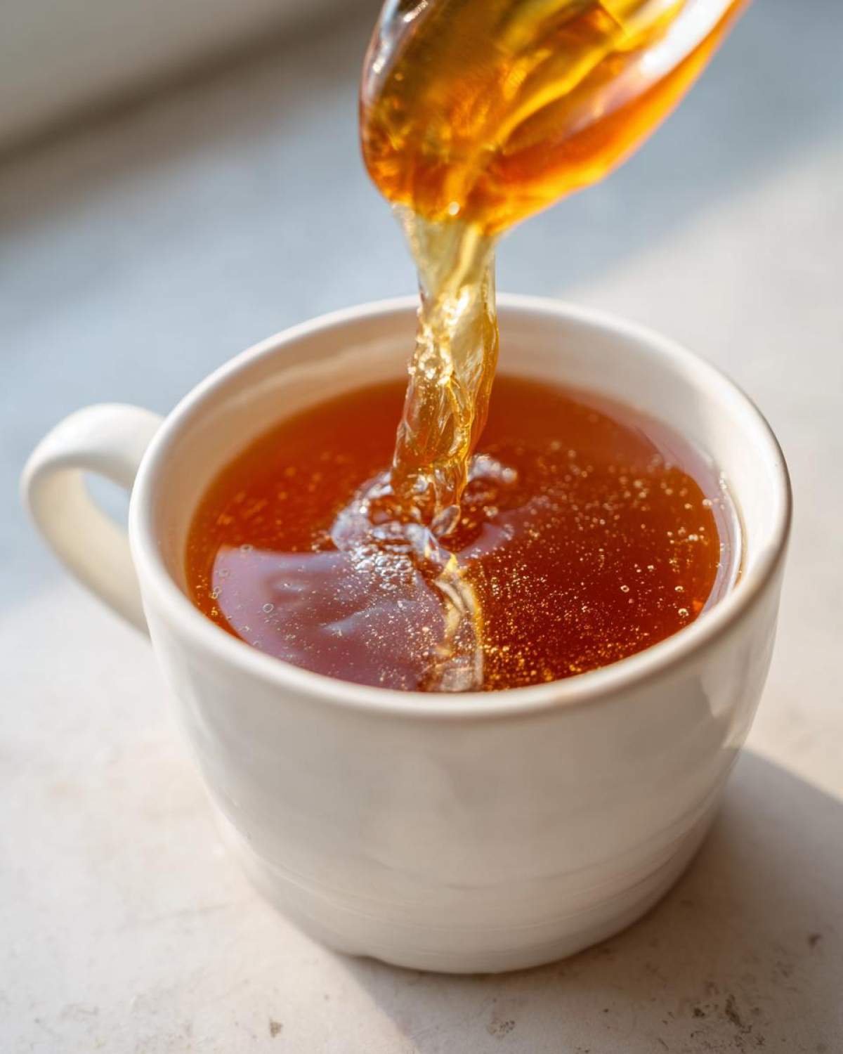 Thick, amber liquid, likely gelatinous bone broth recipe, being poured into a white mug.