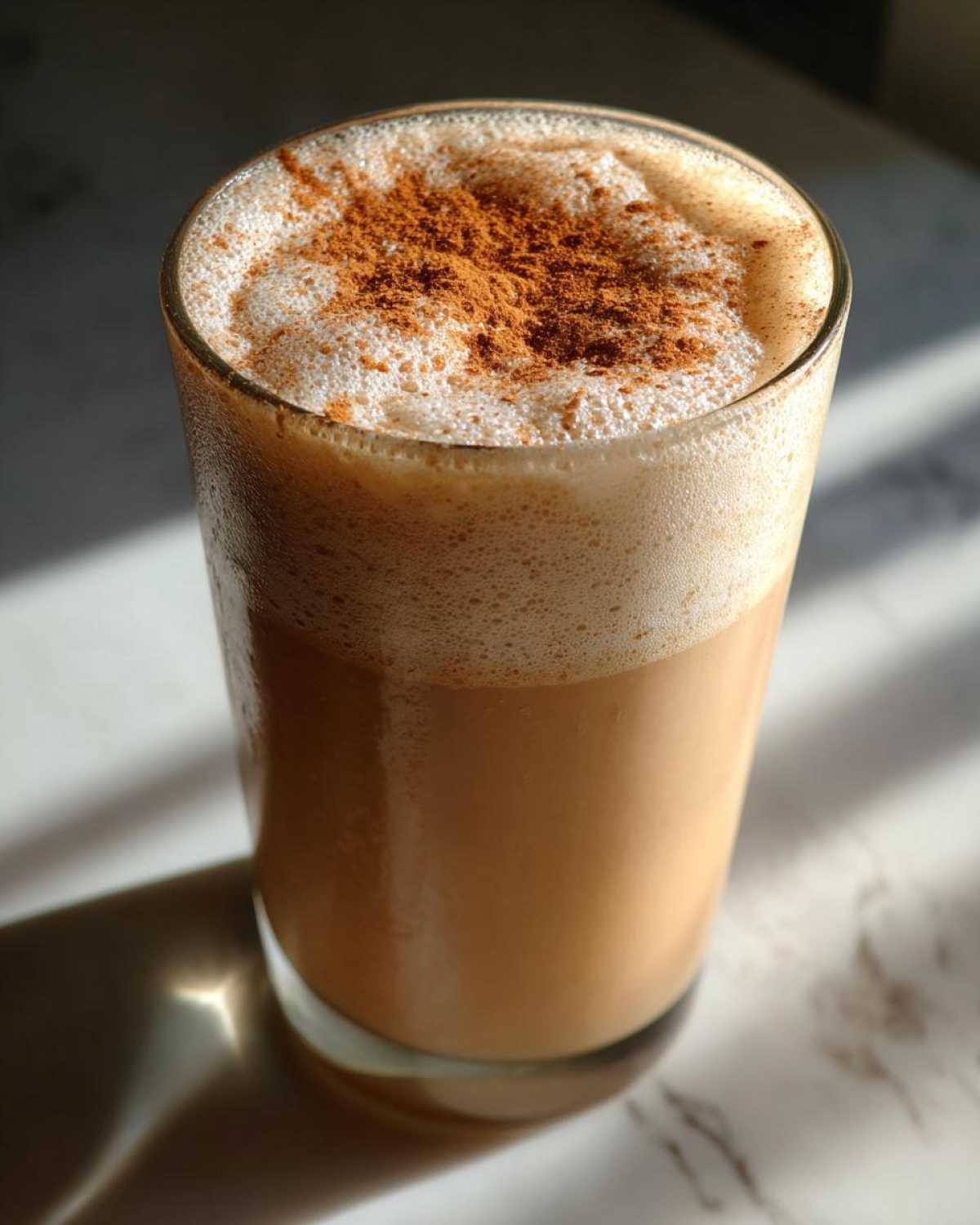 A tall glass filled with creamy, light brown coquito topped with a thick layer of foam and a dusting of ground cinnamon.
