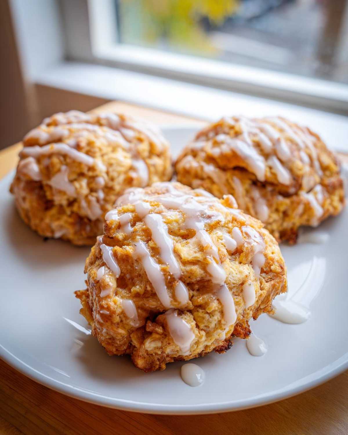 Three freshly baked apple fritters drizzled with white icing, sitting on a white plate near a window.