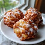 Three golden brown baked apple fritters drizzled with white vanilla glaze resting on a white plate.