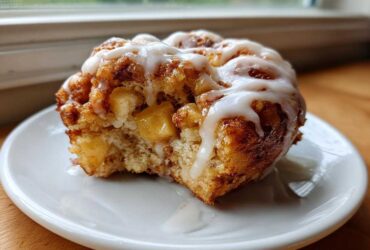A close-up of one delicious baked apple fritters, drizzled with white icing and showing soft apple pieces inside.