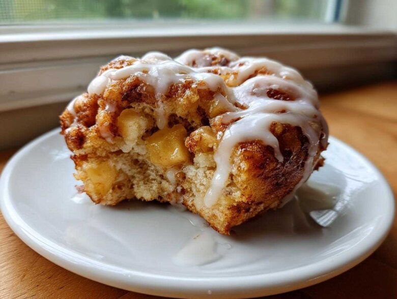 A close-up of one delicious baked apple fritters, drizzled with white icing and showing soft apple pieces inside.
